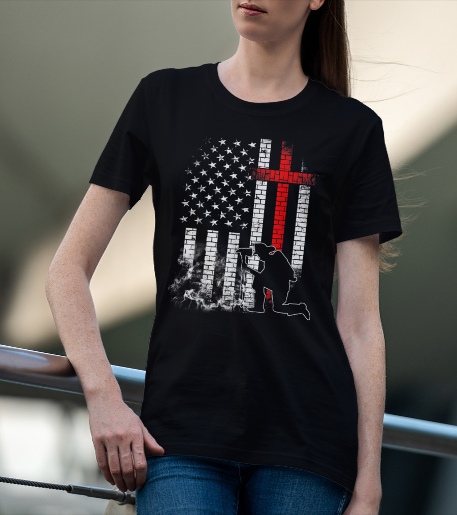 Fireman Kneeling With Axe Over American Flag And Thin Red Line Cross T-Shirt