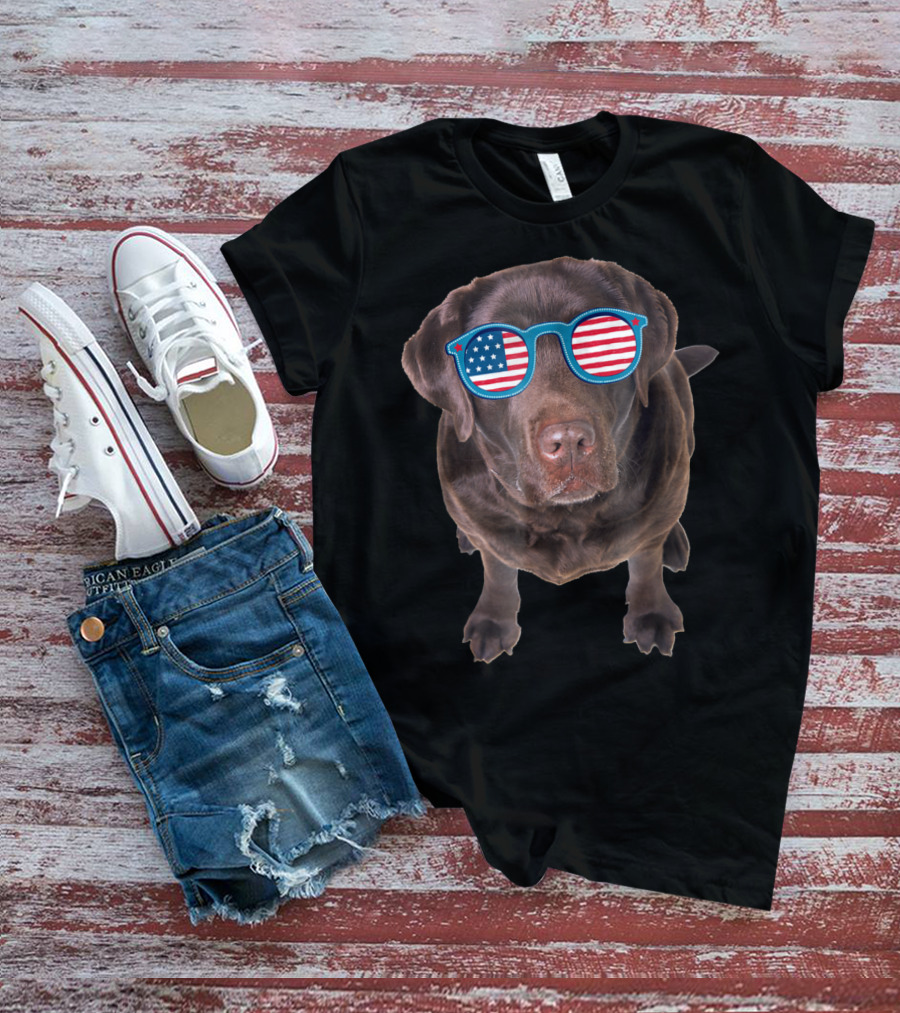 Funny Chocolate Lab Wearing American Flag Sunglasses T-Shirt