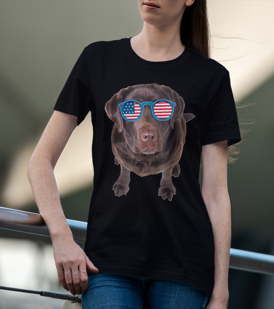 Funny Chocolate Lab Wearing American Flag Sunglasses T-Shirt