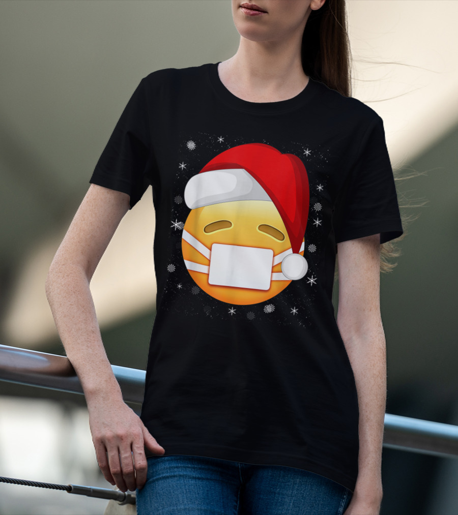 Funny Face With Medical Mask Emojis Santa Hat Snowflakes T-Shirt
