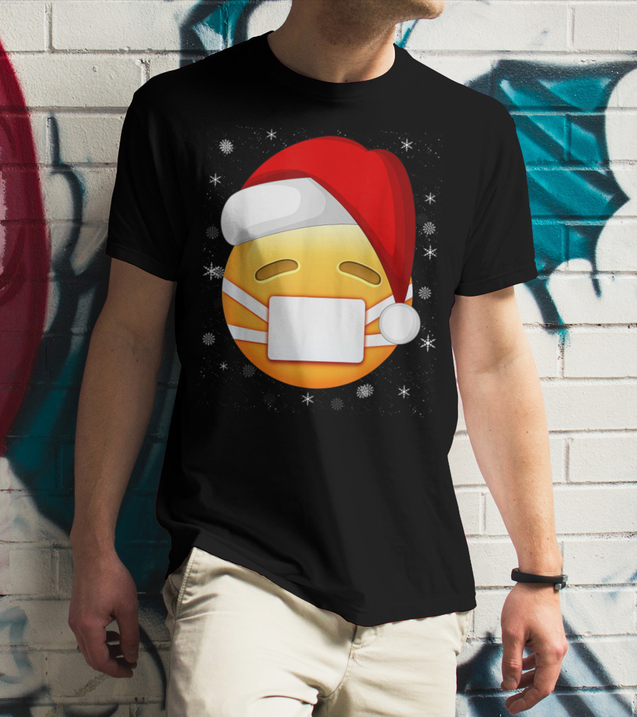 Funny Face With Medical Mask Emojis Santa Hat Snowflakes T-Shirt