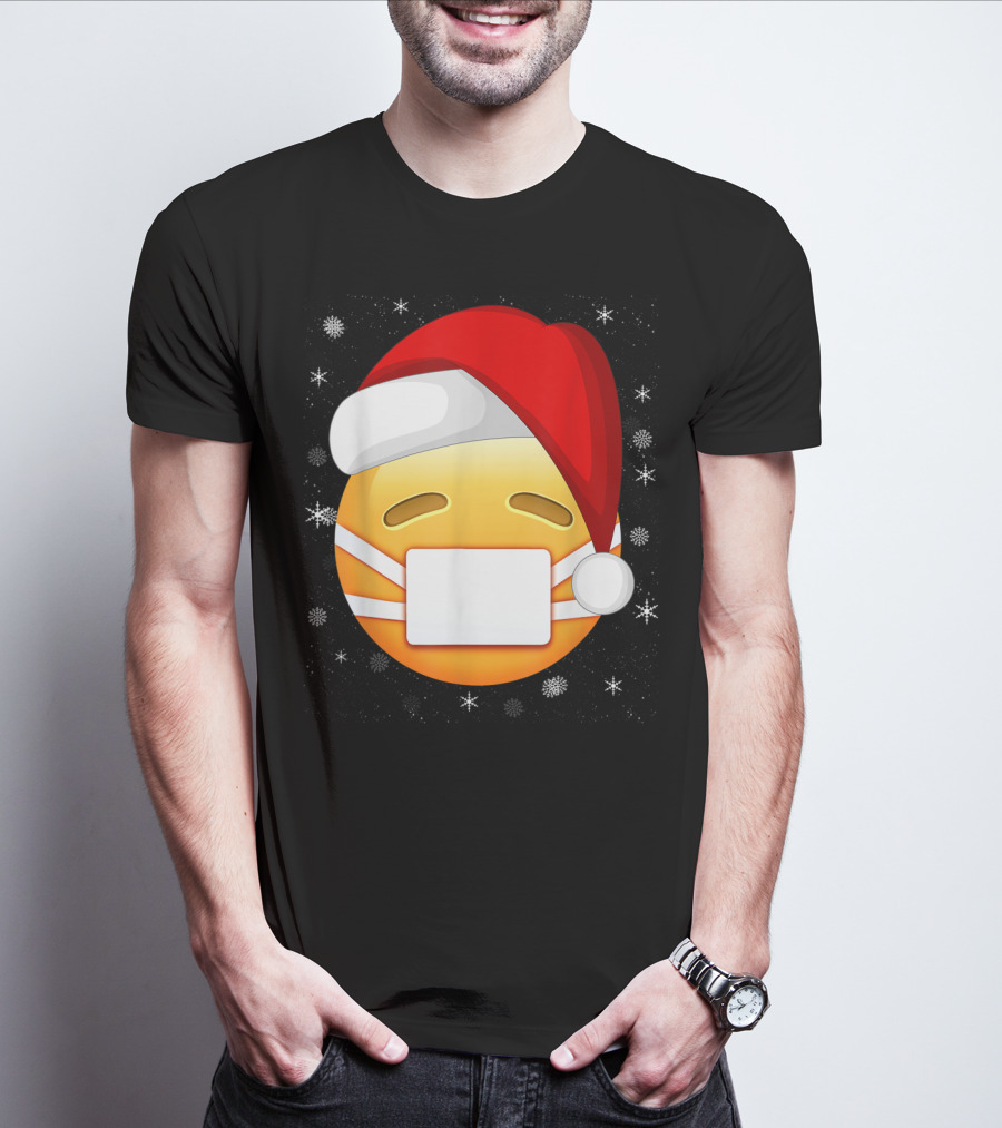Funny Face With Medical Mask Emojis Santa Hat Snowflakes T-Shirt