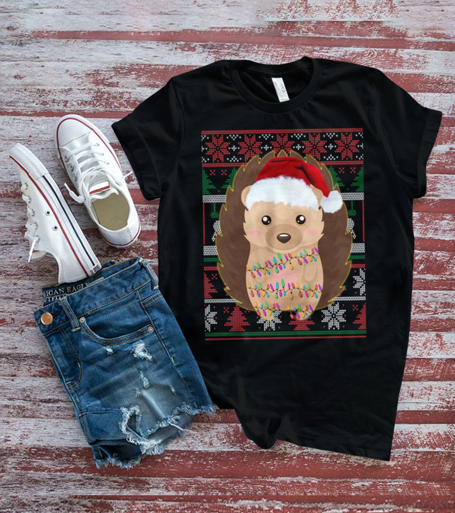 Funny Christmas Hedgehog Ugly Sweater Lights T-Shirt