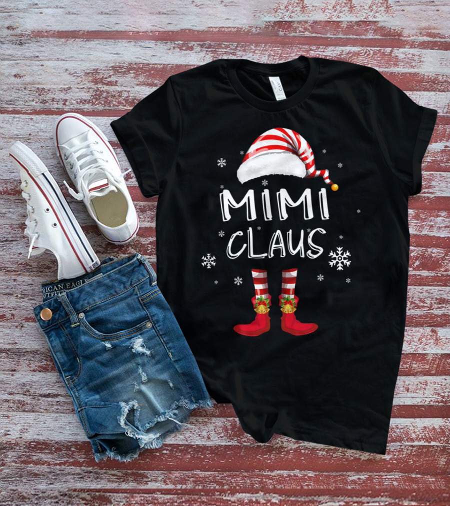 Mimi Claus Santa Hat Elf Boots Snowflakes Grandma T-Shirt