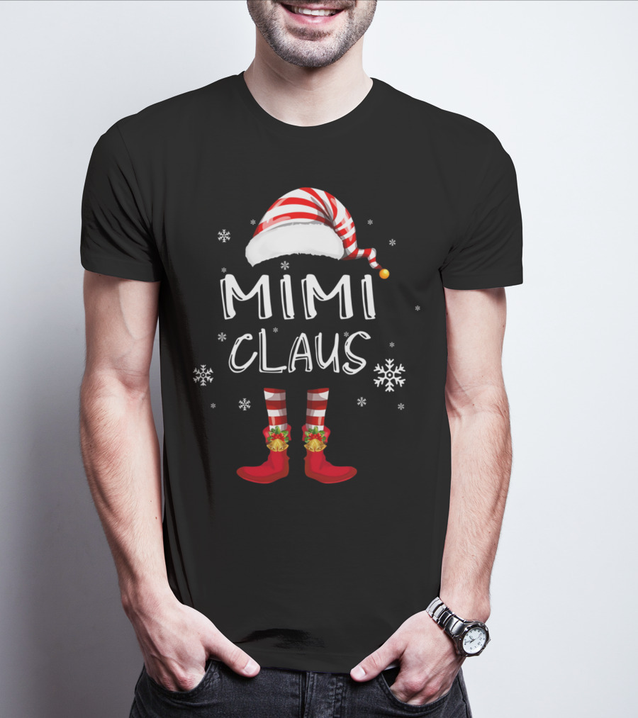 Mimi Claus Santa Hat Elf Boots Snowflakes Grandma T-Shirt