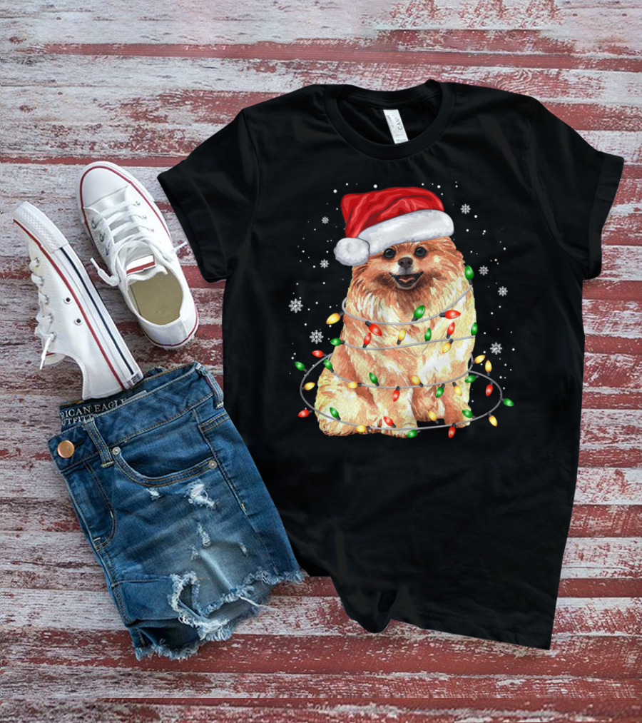 Pomeranian In Santa Hat With Christmas Lights And Snowflakes T-Shirt