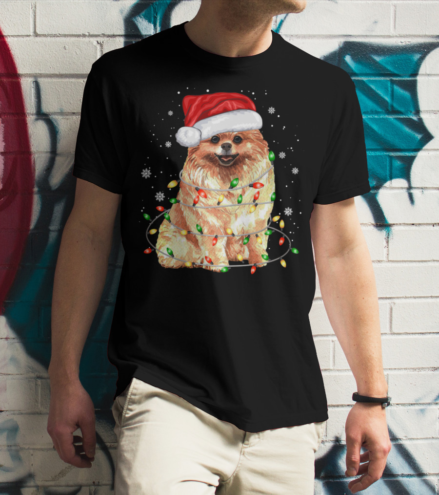Pomeranian In Santa Hat With Christmas Lights And Snowflakes T-Shirt