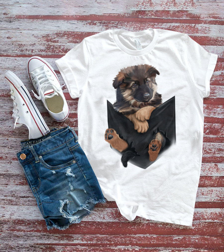 German Shepherd Puppy In Black Pocket T-Shirt