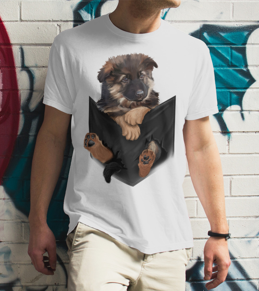 German Shepherd Puppy In Black Pocket T-Shirt