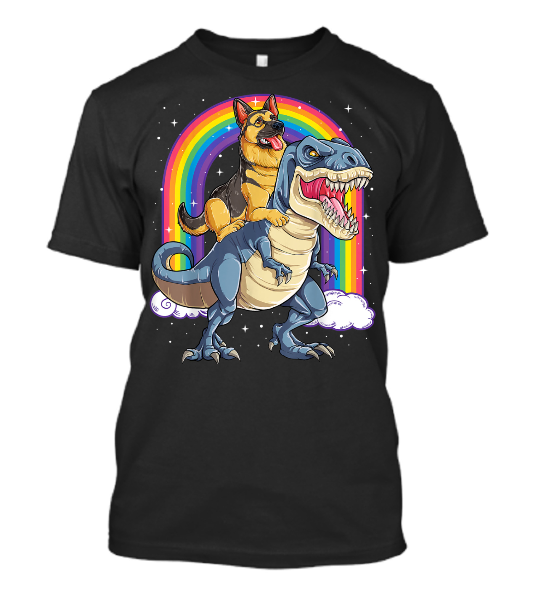 German Shepherd Riding Dinosaur Rex With Rainbow And Stars T-Shirt