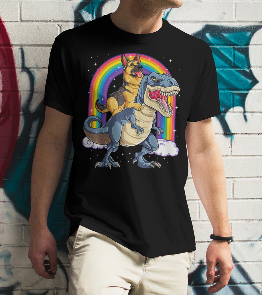 German Shepherd Riding Dinosaur Rex With Rainbow And Stars T-Shirt