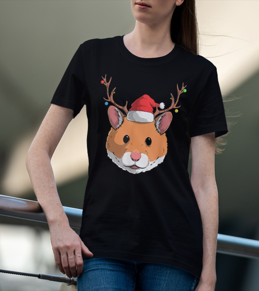 Hamster With Santa Claus Hat And Reindeer Antlers Christmas Holiday T-Shirt