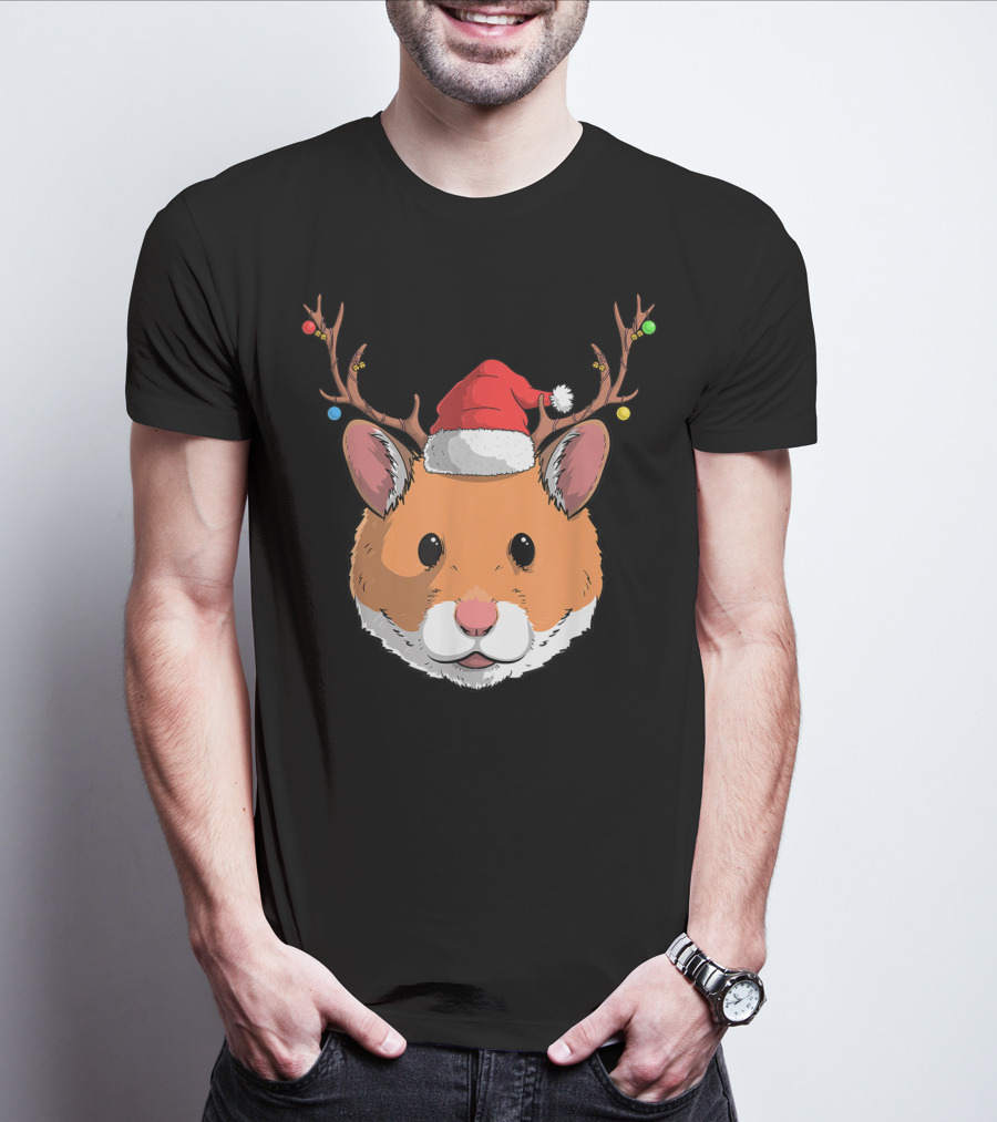 Hamster With Santa Claus Hat And Reindeer Antlers Christmas Holiday T-Shirt