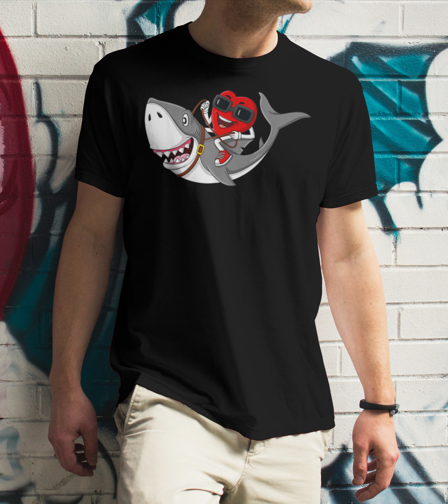 Heart Riding Shark Valentine's Day Adventure T-Shirt