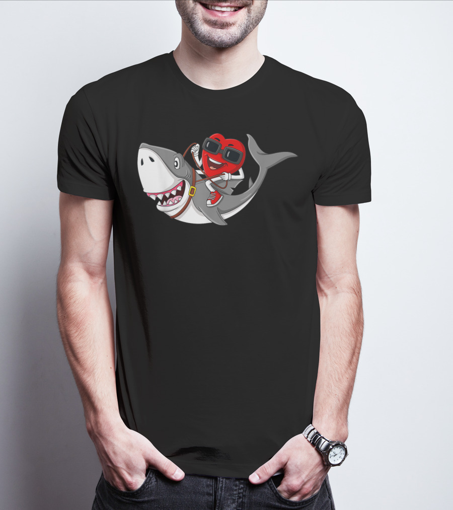 Heart Riding Shark Valentine's Day Adventure T-Shirt