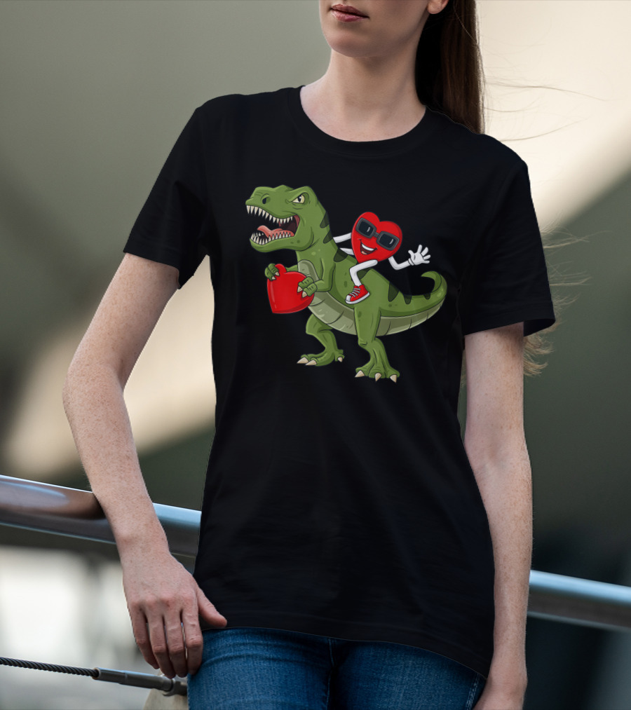 Heart Riding T-Rex Holding Valentines Day Hearts T-Shirt