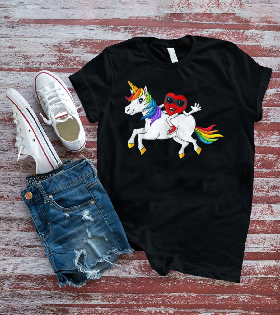 Heart Riding Rainbow Unicorn With Sunglasses And Sneakers T-Shirt