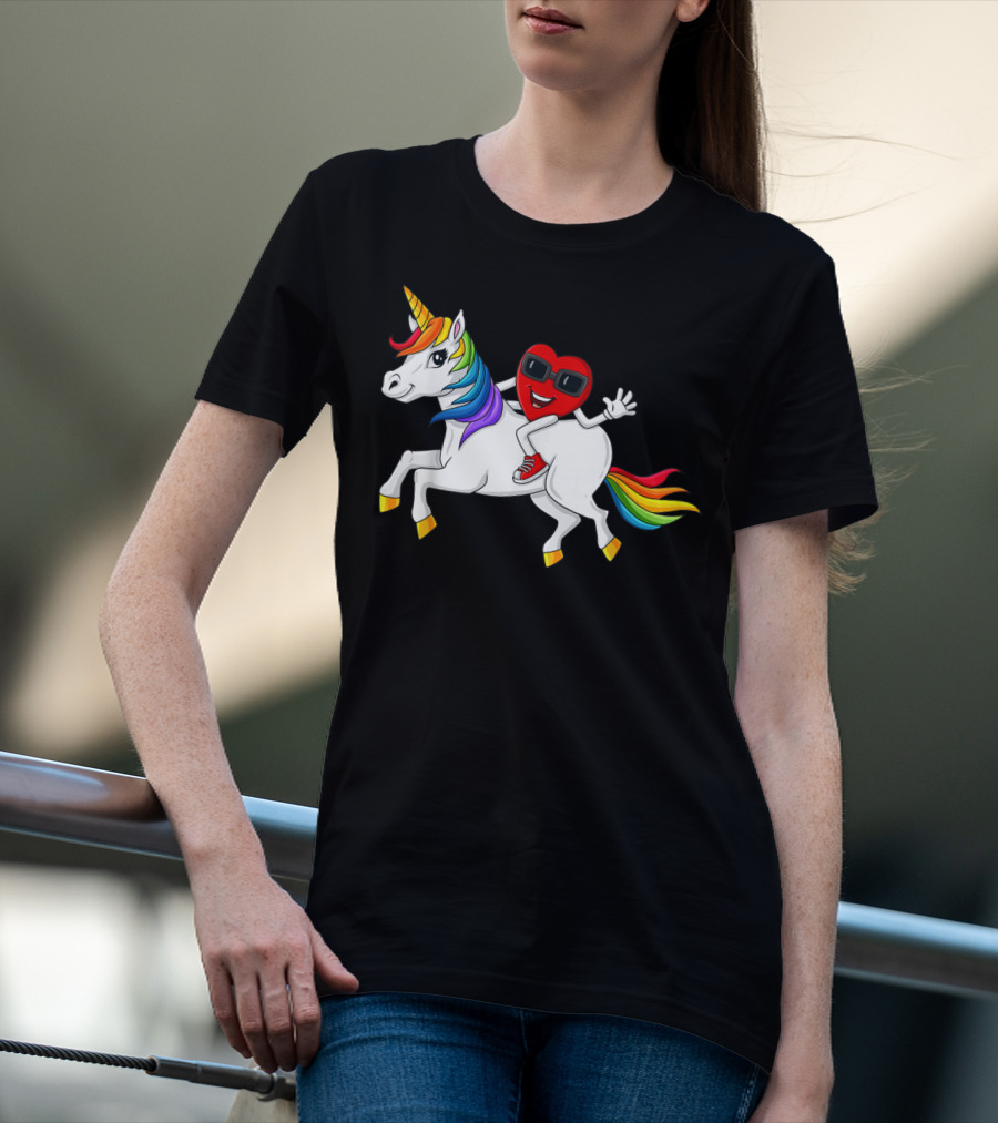 Heart Riding Rainbow Unicorn With Sunglasses And Sneakers T-Shirt