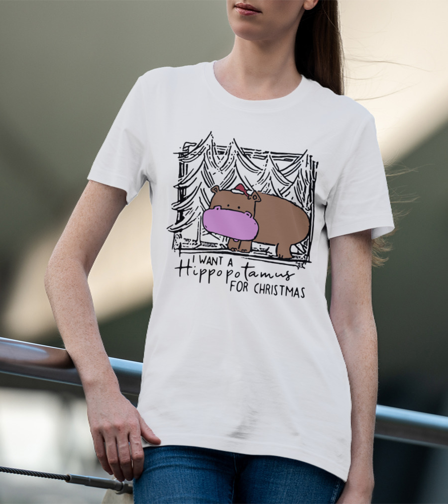 I Want A Hippopotamus For Christmas Hippo Santa Hat Festive T-Shirt