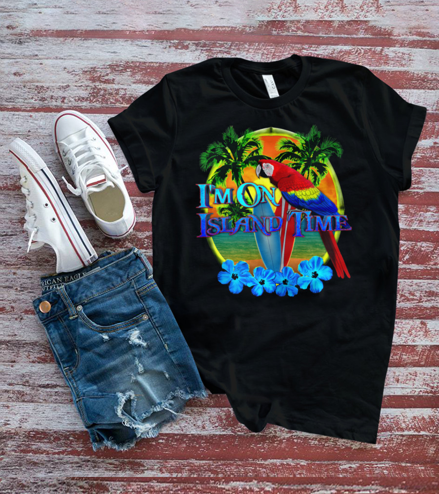 I'm On Island Time Parrot With Surfboards And Palm Trees Tropical Beach T-Shirt