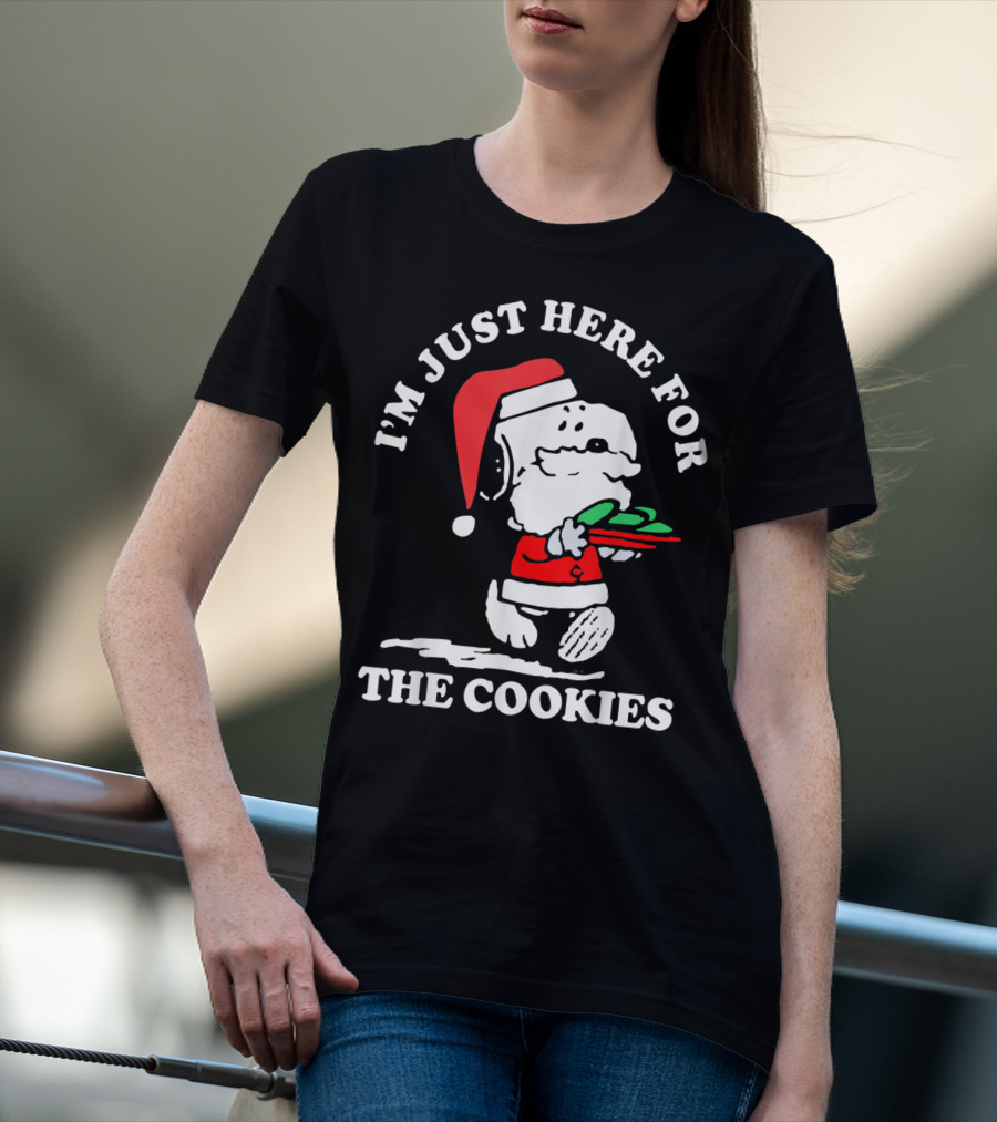 I'm Just Here For The Cookies Santa Hat Dog Carrying Christmas Cookies T-Shirt