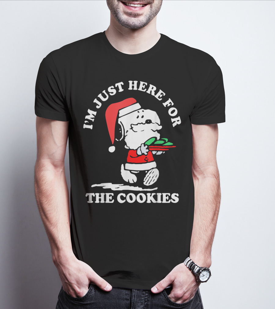 I'm Just Here For The Cookies Santa Hat Dog Carrying Christmas Cookies T-Shirt