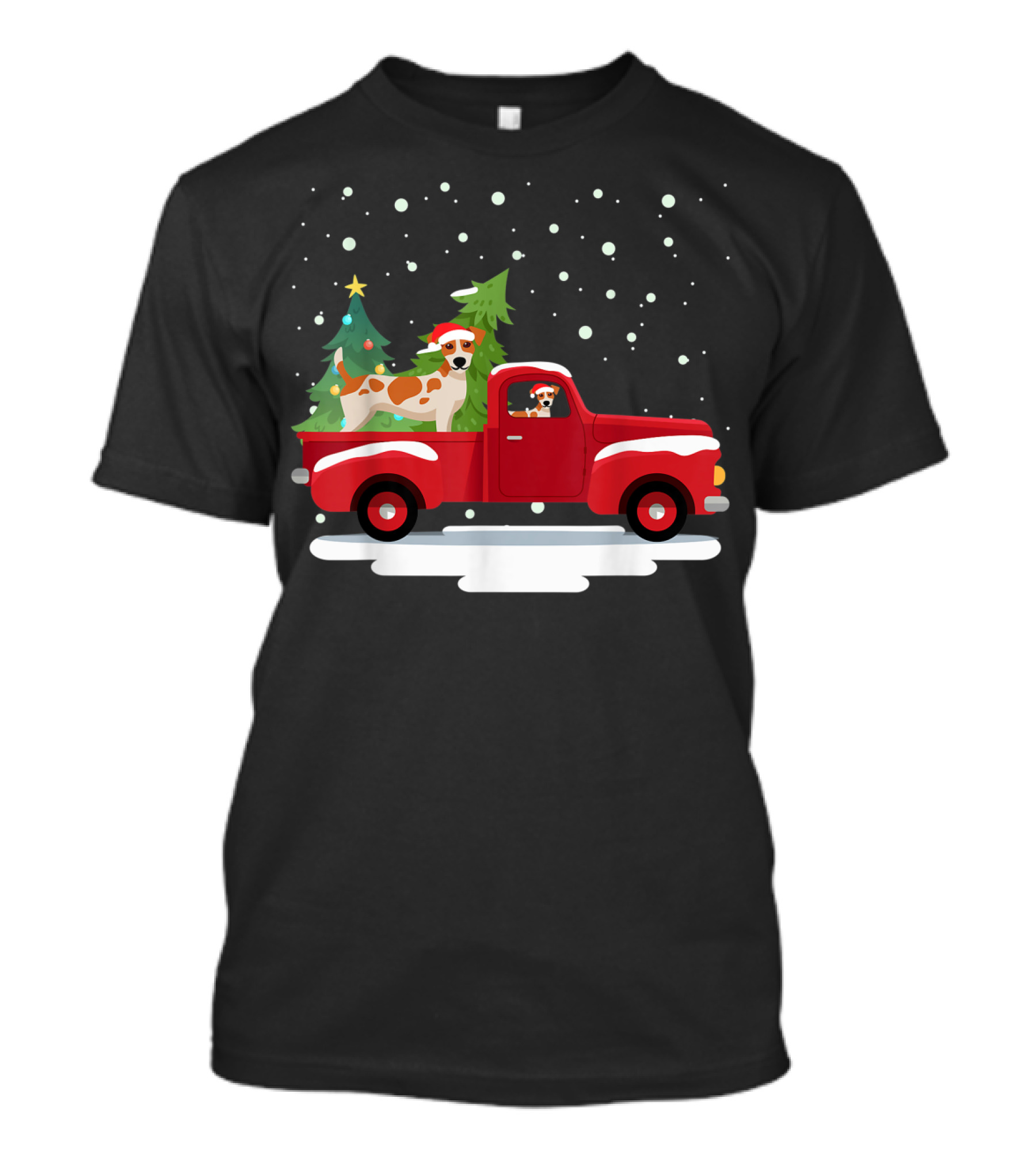 Jack Russell Terrier Santa Christmas Truck Holiday Scene Snowflakes And Trees T-Shirt