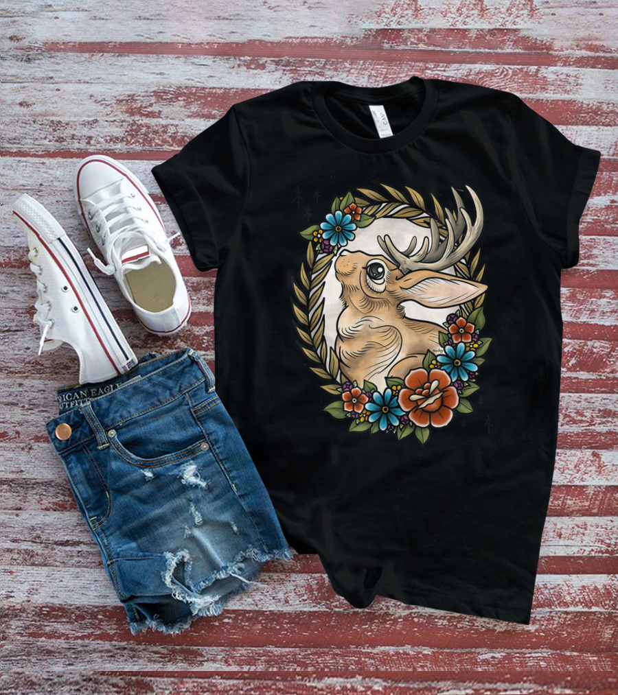 Jackalope Surrounded By Colorful Flowers And Leaves T-Shirt