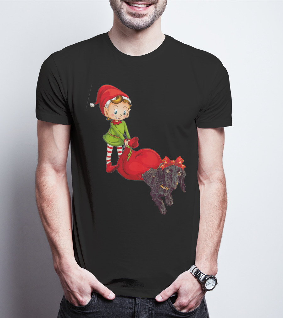 Kids Elf With Red Gift Sack And Black Dog In Santa Hat T-Shirt