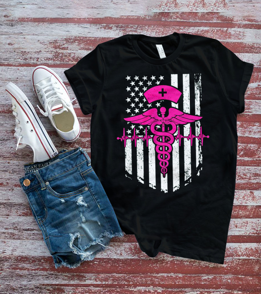 Nurse Pink Caduceus With USA Flag And Heartbeat T-Shirt