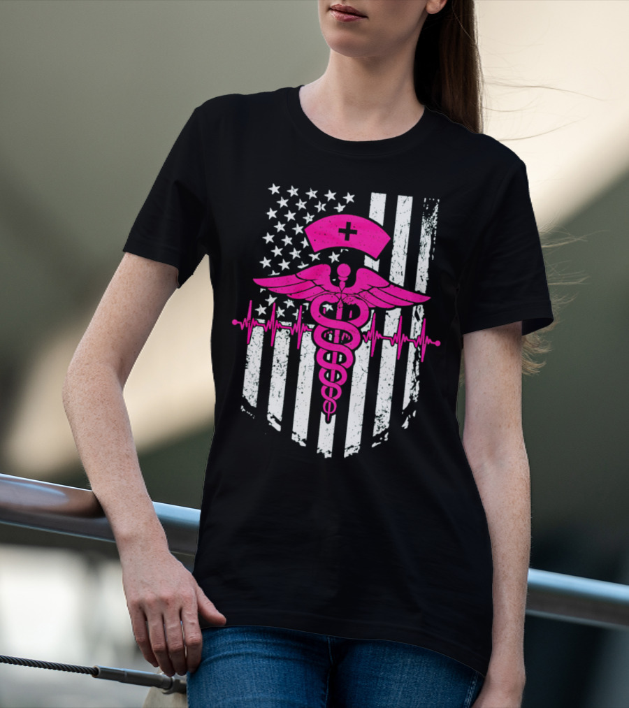 Nurse Pink Caduceus With USA Flag And Heartbeat T-Shirt