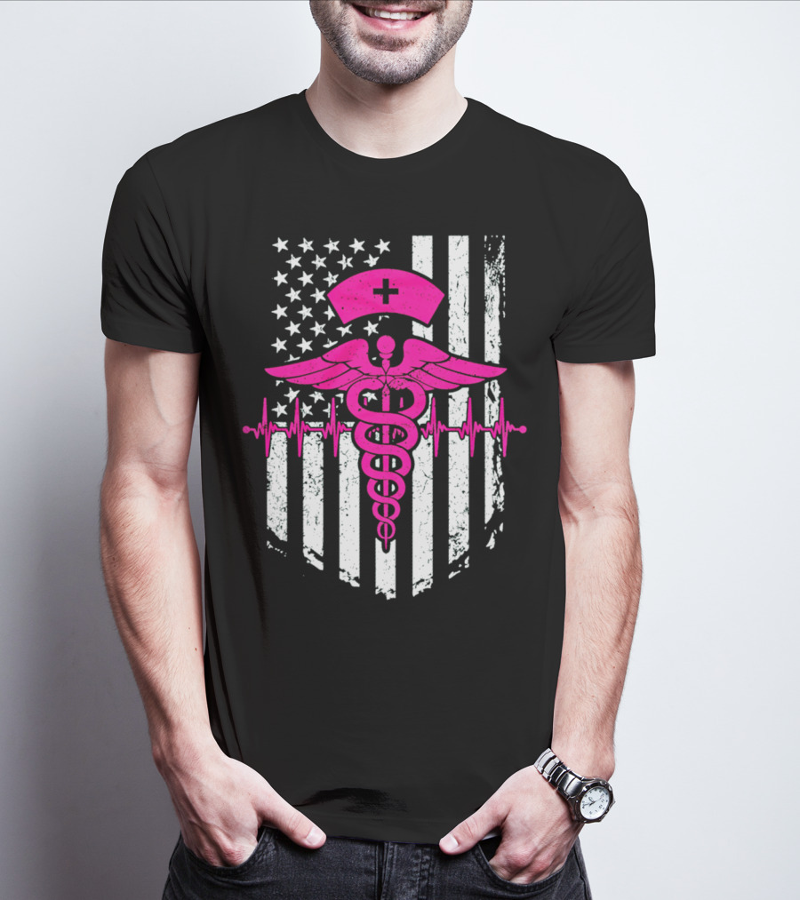 Nurse Pink Caduceus With USA Flag And Heartbeat T-Shirt