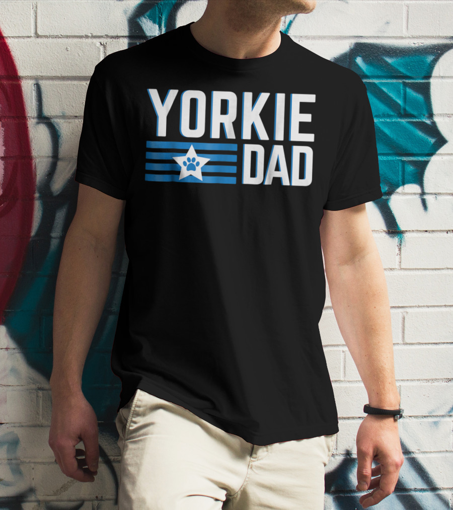 Yorkie Dad Yorkshire Terrier Dad Blue Paw Print Star T-Shirt