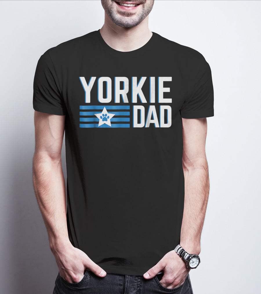 Yorkie Dad Yorkshire Terrier Dad Blue Paw Print Star T-Shirt