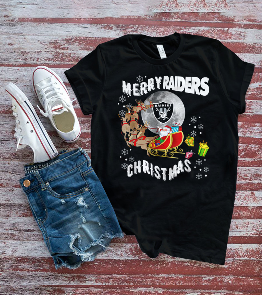 Merry Raiders Christmas Santa Sleigh Snowflakes Reindeer Presents T-Shirt