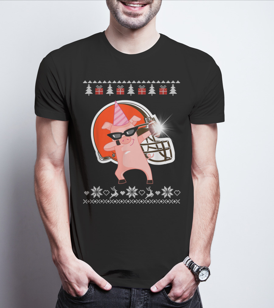 Merry Christmas Pig Dabbing Football Team Santa Hat Sunglasses Christmas Tree Reindeer Snowflakes T-Shirt