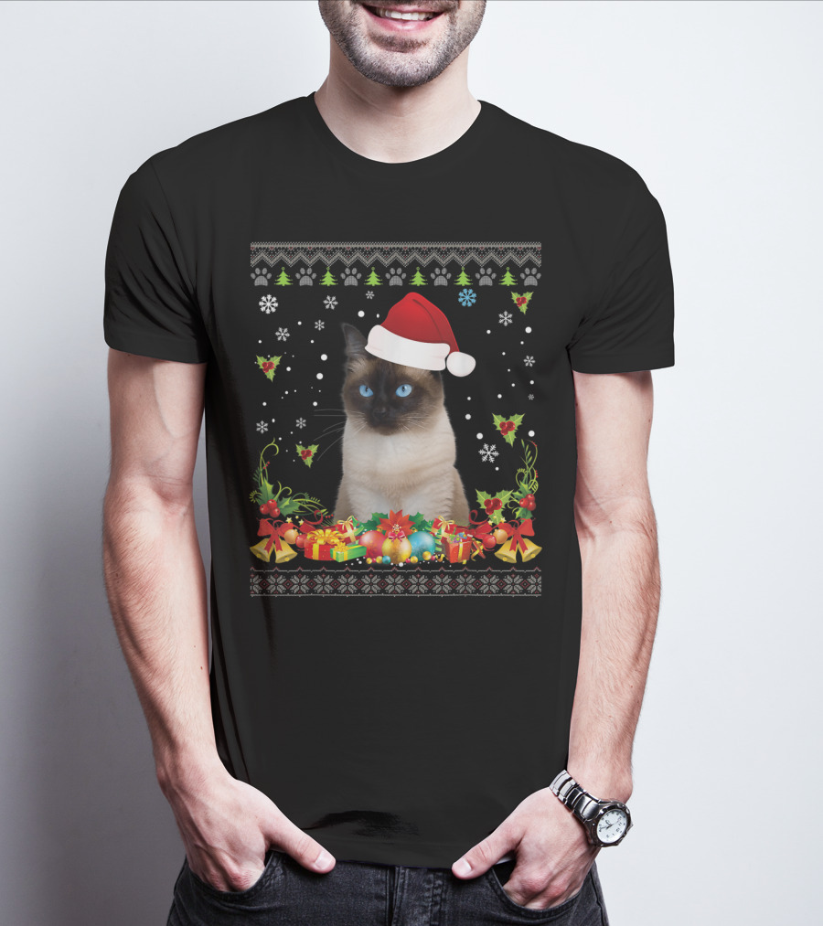 Merry Christmas Siamese Cat UglySweater Santa Hat Snowflake Ornaments T-Shirt
