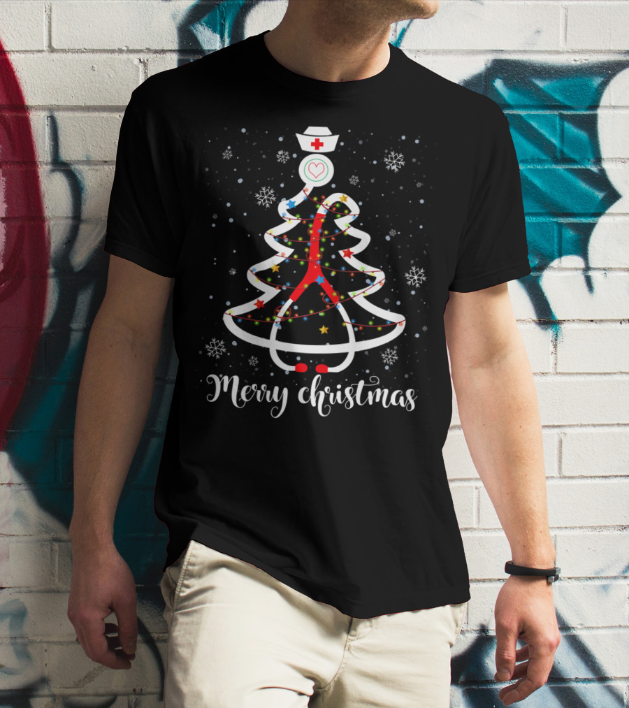 Merry Christmas Nurse Stethoscope Tree With Snowflakes And Stars T-Shirt