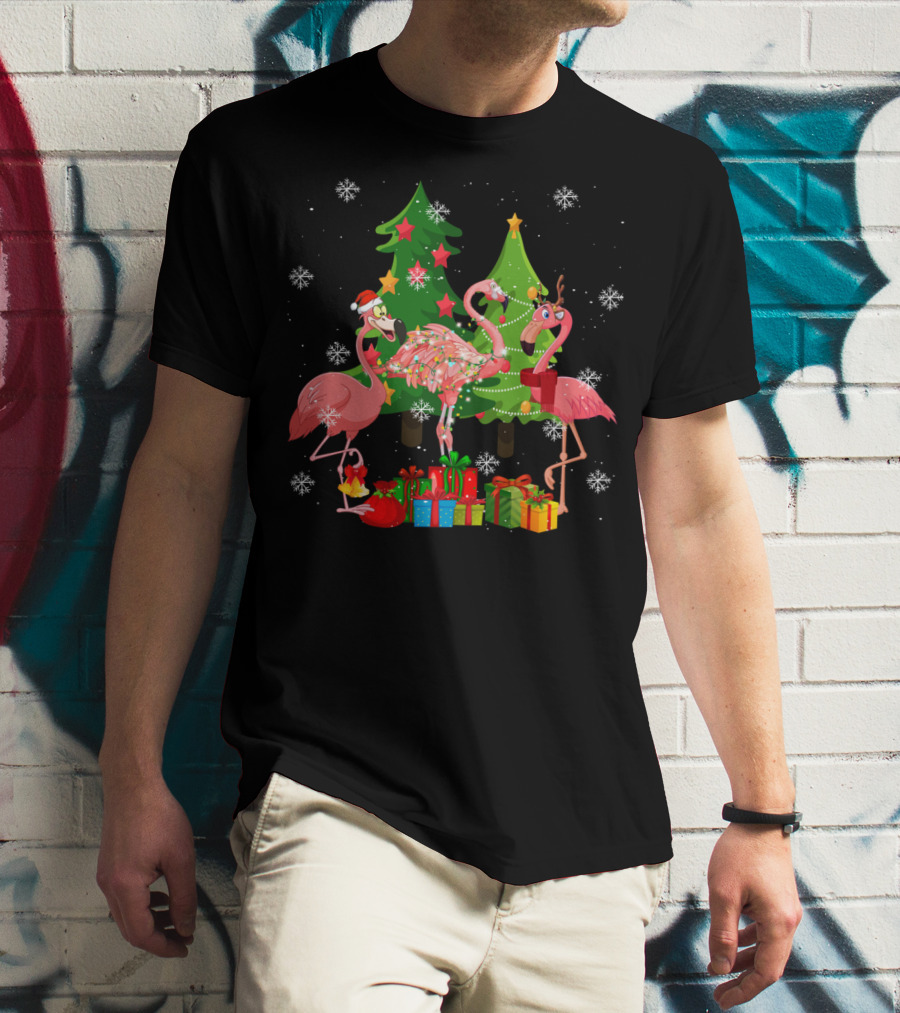 Merry Flocking Christmas Cute Flamingo Snowflake Presents T-Shirt