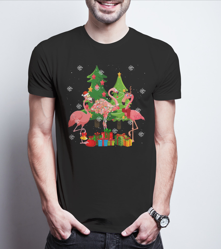 Merry Flocking Christmas Cute Flamingo Snowflake Presents T-Shirt