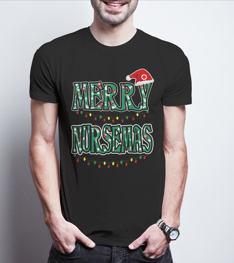 Merry Nursemas Christmas Santa Hat Lights T-Shirt