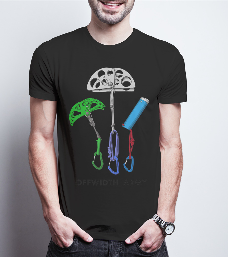 Offwidth Army Rock Climbing Gear Camming Devices And Nuts T-Shirt