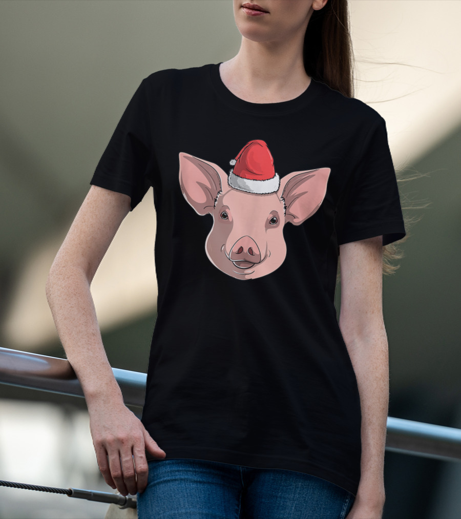 Pig Wearing Santa Claus Hat Christmas Holiday T-Shirt