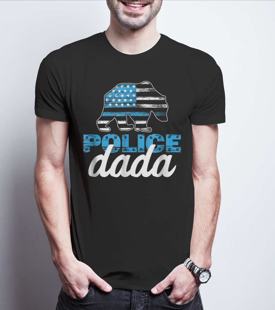 Police Dada Thin Blue Line Bear American Flag T-Shirt