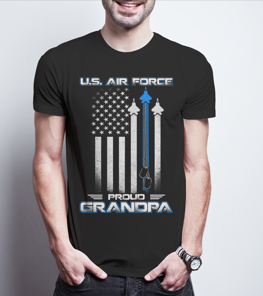 U.S. Air Force Proud Grandpa Flag And Fighter Jets With Dog Tags T-Shirt