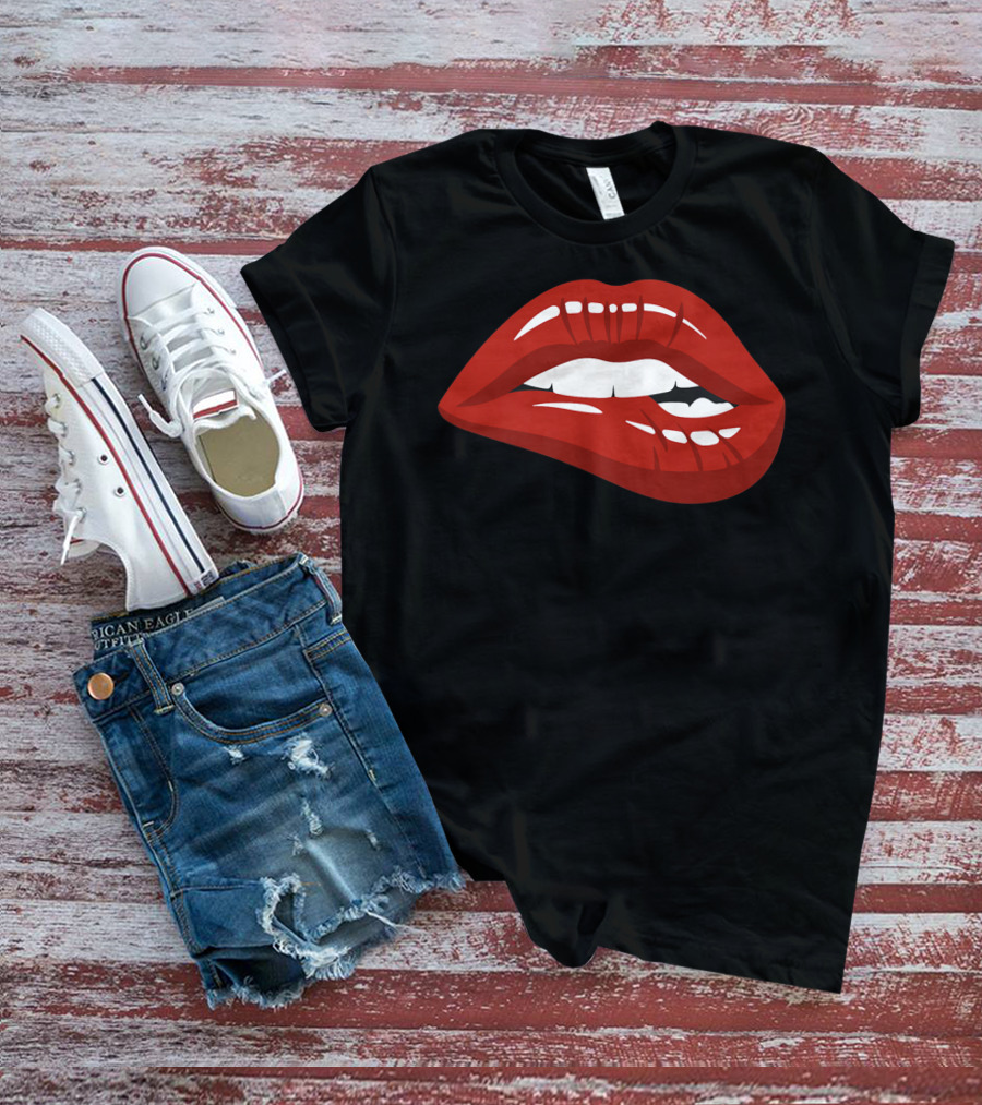 Red Lips Biting Lipstick Makeup Iconic Red Pout T-Shirt