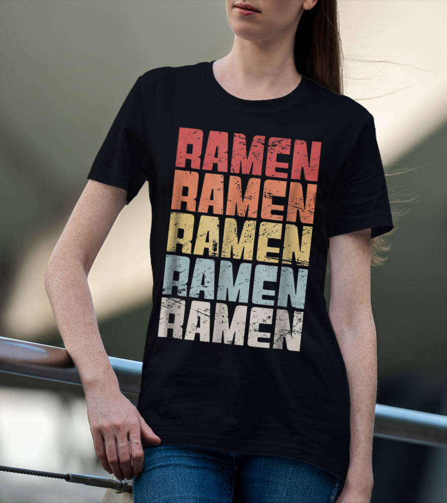 Retro Distressed Multicolor Ramen Repeated Text T-Shirt