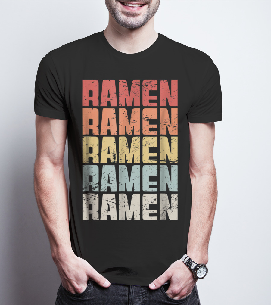 Retro Distressed Multicolor Ramen Repeated Text T-Shirt