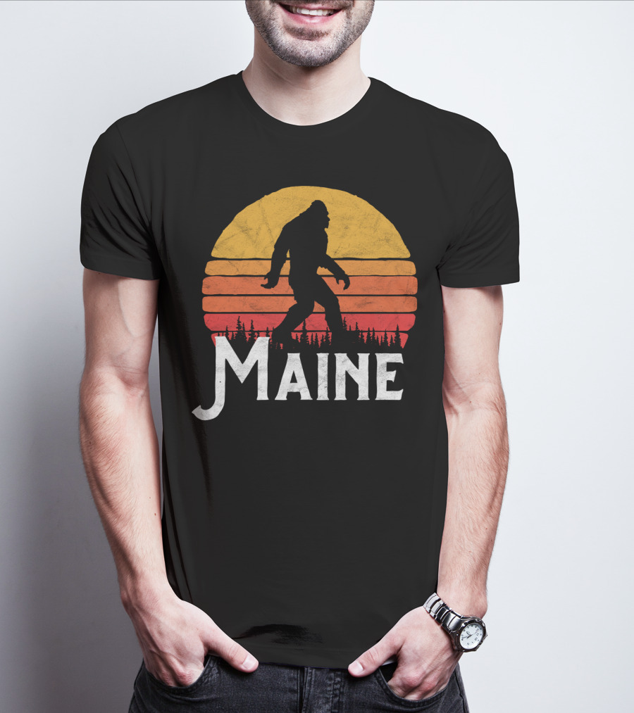 Maine Bigfoot Silhouette Retro Sun Believe T-Shirt