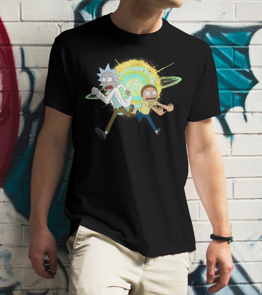 Rick And Morty Running From A Portal Explosion T-Shirt
